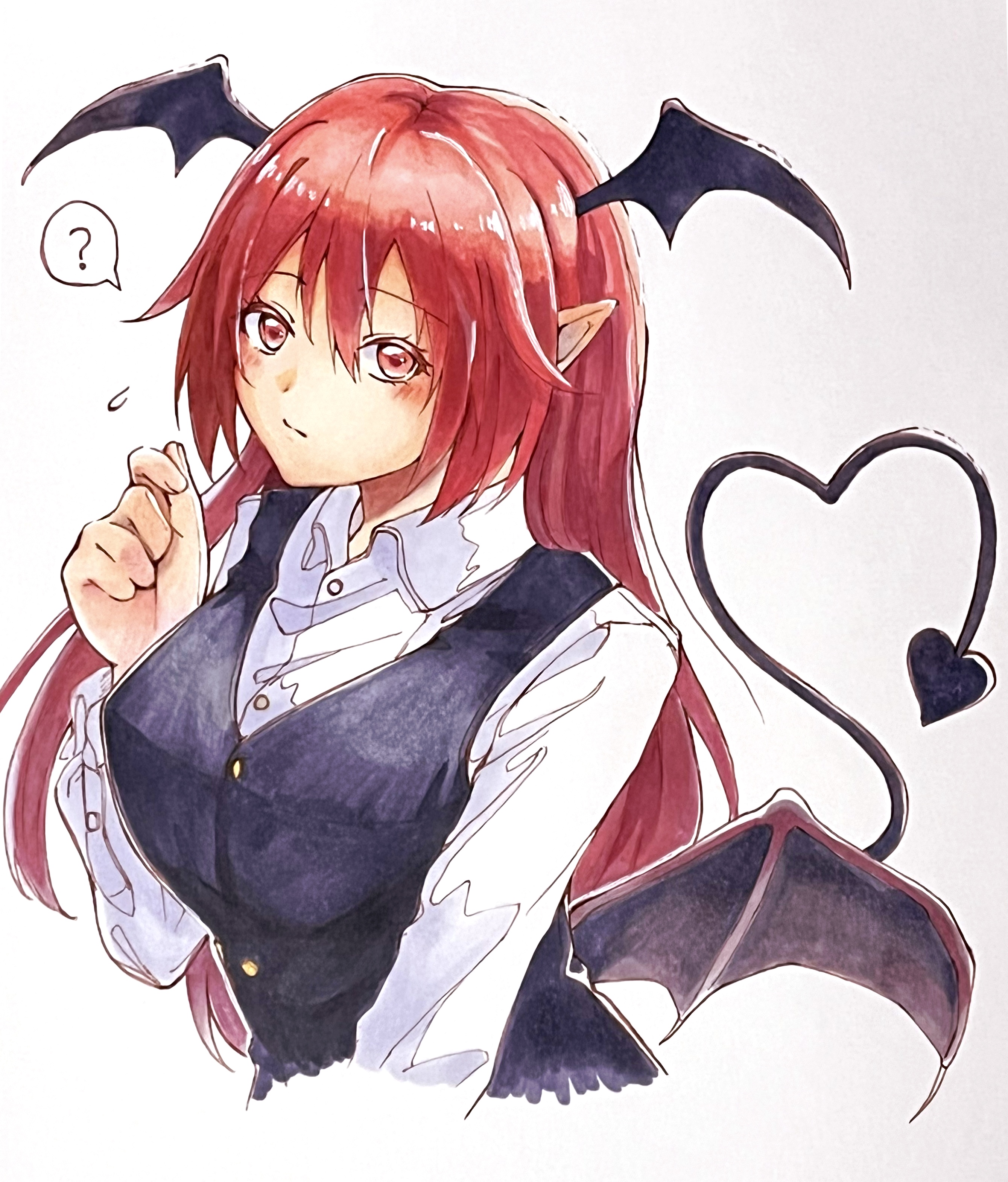 user pjcx5522, koakuma, touhou, absurdres, commentary, highres, marker (medium), traditional media, 1girl, ?, bat wings, black vest, blush, breasts, demon tail, flying sweatdrops, head wings, large breasts, looking at viewer, pointy ears, red eyes, red hair, shirt, simple background, solo, spoken question mark, tail, upper body, vest, white shirt, wings