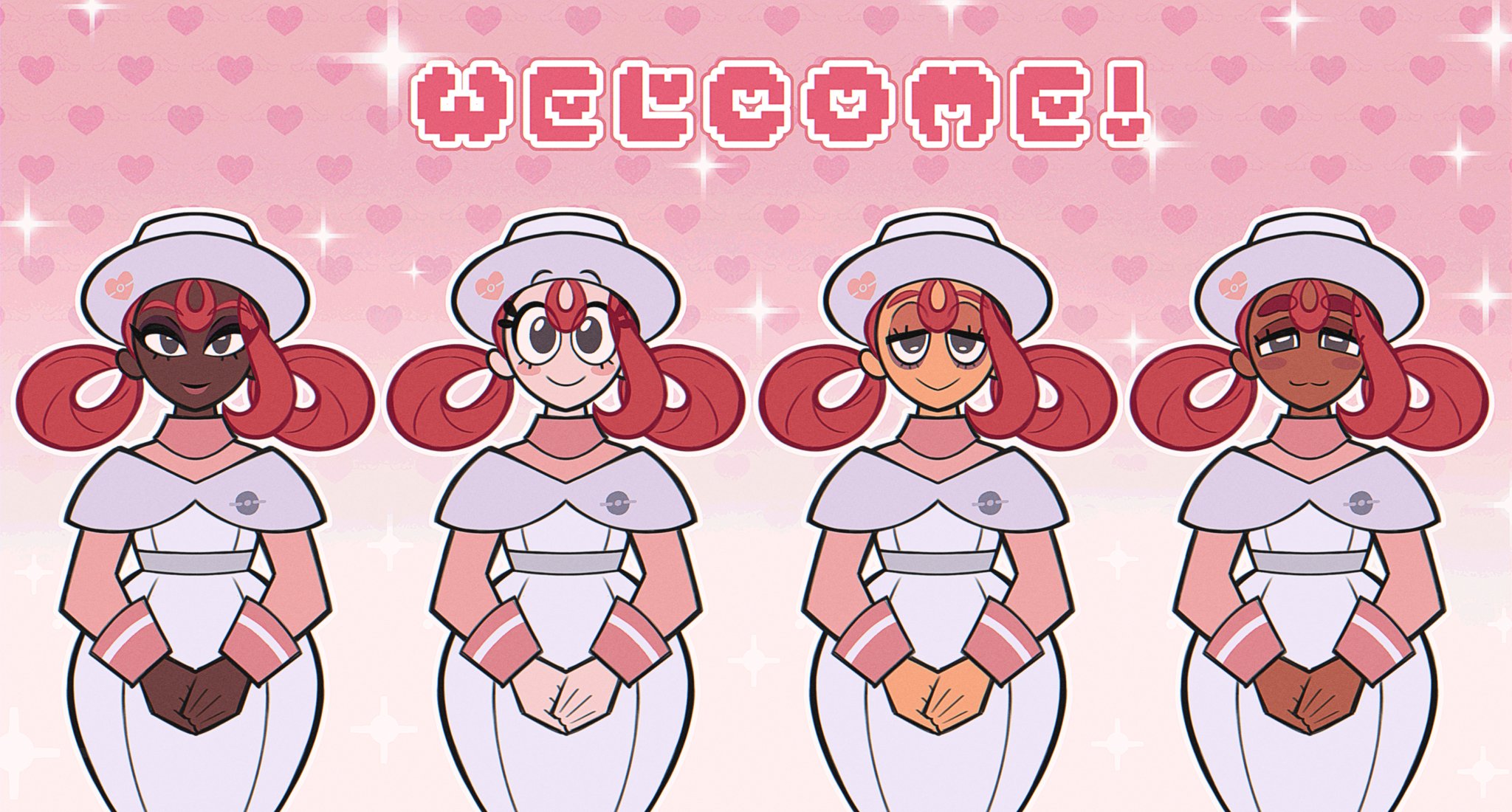 milkkirie, joy (pokemon), nintendo, pokemon, pokemon legends: z-a, highres, 4girls, blush, breasts, closed mouth, dark-skinned female, dark skin, dress, grey eyes, hair rings, hat, long hair, long sleeves, looking at viewer, multiple girls, nurse, nurse cap, pink dress, pink hair, smile, star (symbol), white dress