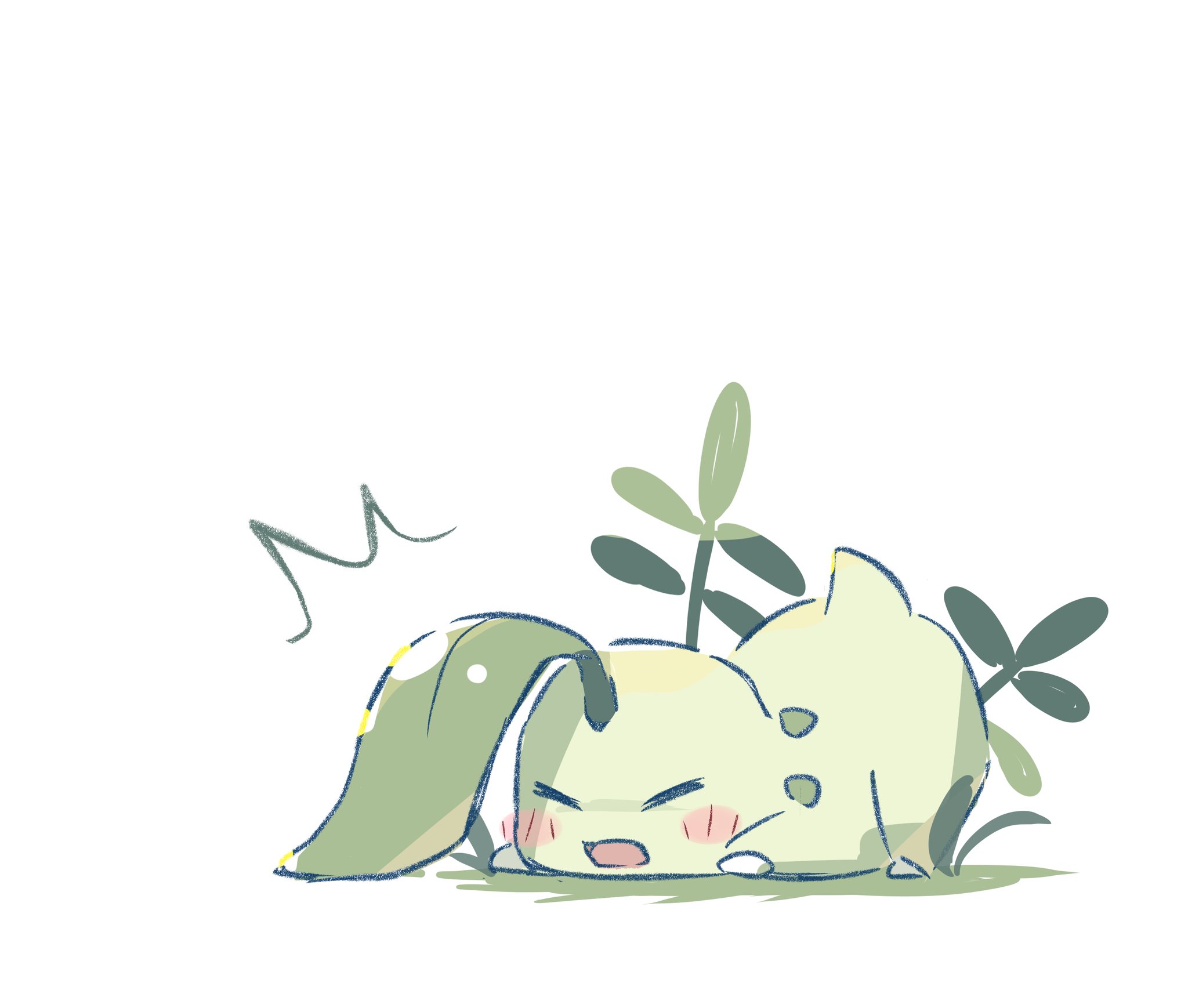 foznya, chikorita, nintendo, pokemon, highres, blush, blush stickers, closed eyes, gen 2 pokemon, leaf, no humans, open mouth, plant, pokemon (creature), pokemon focus, tail, tripping