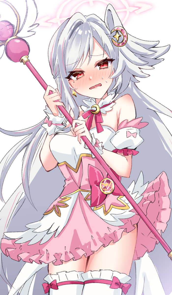mizuhane (mizuhane miu), suzumi (blue archive), suzumi (magical) (blue archive), blue archive, commentary request, highres, 1girl, bow, crescent, crescent hair ornament, detached collar, detached sleeves, dress, embarrassed, fake wings, frilled skirt, frills, hair between eyes, hair ornament, halo, head wings, holding, holding wand, long hair, looking at viewer, magical girl, nervous sweating, official alternate costume, pink bow, pink dress, pink halo, red eyes, single hair intake, single head wing, skirt, solo, sweat, sweatdrop, thighhighs, thighs, underbust, very long hair, wand, white hair, wings, wrist cuffs