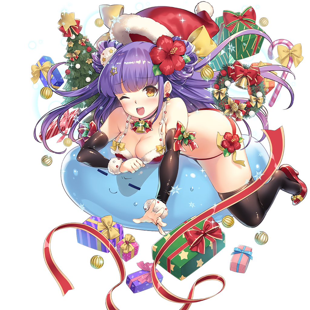 uchi no hime-sama ga ichiban kawaii, 1girl, arne q klose, bikini, black sleeves, black thighhighs, blunt bangs, box, christmas tree, detached sleeves, double bun, flower, gift, gift box, hair bun, hair flower, hair ornament, hat, high heels, long hair, lying, lying on another, on stomach, purple hair, red flower, red shoes, santa bikini, santa costume, santa hat, shoes, slime (creature), swimsuit, thighhighs, yellow eyes