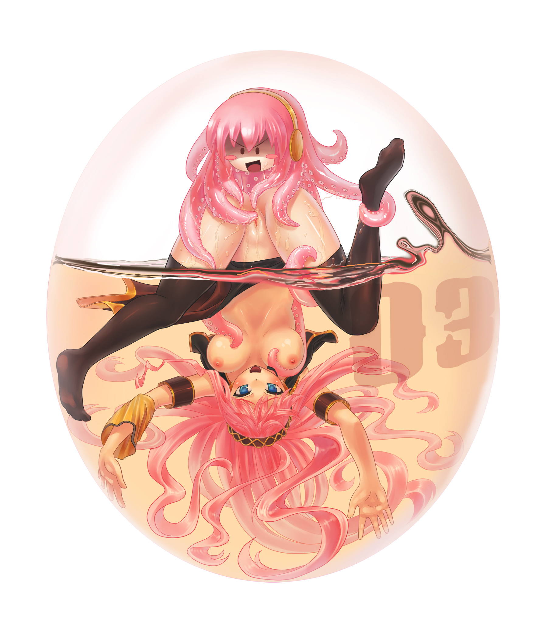 tama (new island), tamachan (pixiv), megurine luka, takoluka, vocaloid, highres, 1girl, bestiality, blue eyes, blush, breasts, consensual tentacles, cum, egg, evil grin, evil smile, grabbing another's breast, grin, groping, happy sex, headphones, in container, large breasts, long hair, microphone, monster, monster girl, nipples, open clothes, open mouth, pink hair, smile, solo focus, spread legs, submerged, tentacle head, tentacle sex, tentacles, thighhighs, uncensored, underwater, vaginal, yuri