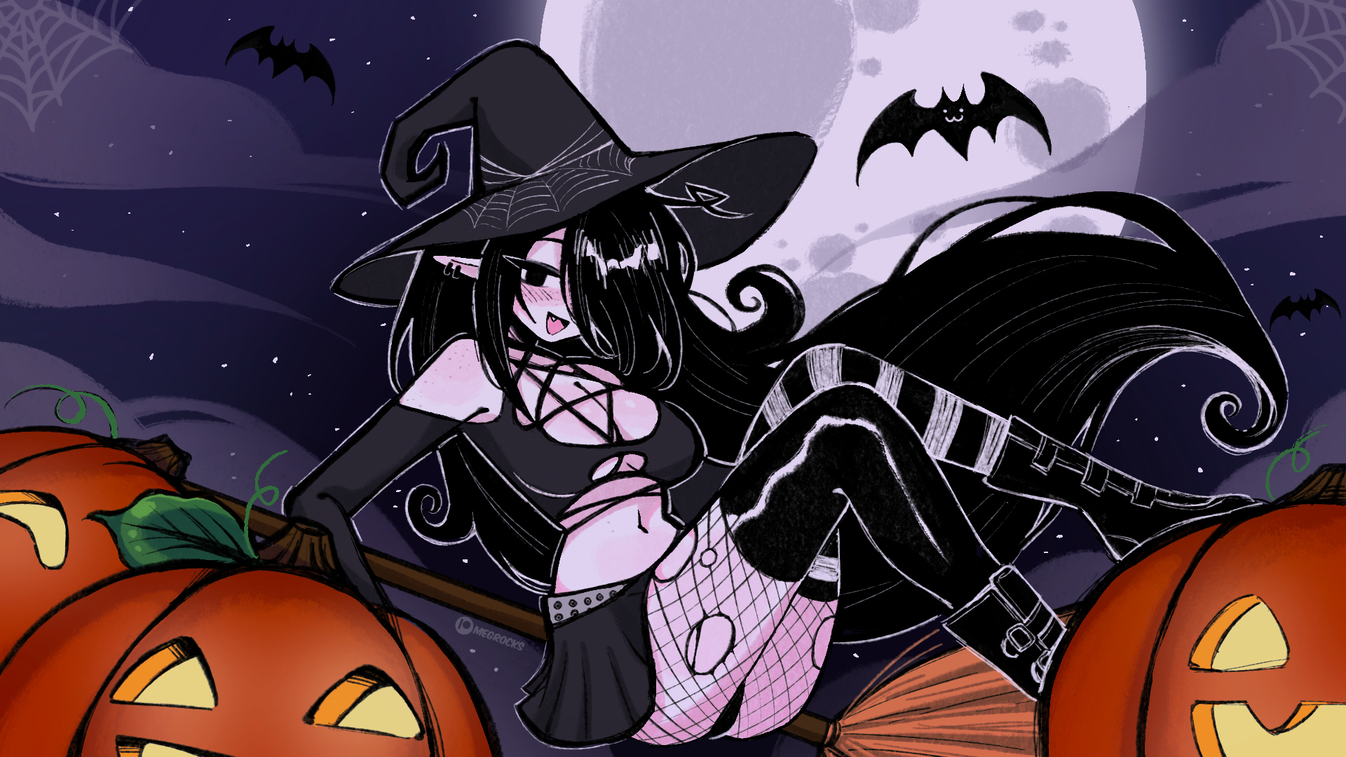 megrocks, original, commentary, english commentary, highres, 1girl, artist name, asymmetrical legwear, bare shoulders, bat (animal), black boots, black hair, black hat, black skirt, blush, boots, breasts, broom, broom riding, cleavage, cloud, ear piercing, eyelashes, fang, fishnet pantyhose, fishnets, full moon, hair over one eye, halloween, hat, jack-o'-lantern, long hair, midriff, mismatched legwear, mismatched thighhighs, moon, navel, night, night sky, open mouth, pantyhose, patreon logo, patreon username, piercing, pointy ears, silk, skirt, sky, smile, solo, spider web, star (sky), starry sky, thighhighs, thighhighs over pantyhose, torn clothes, torn pantyhose, underboob, very long hair, witch, witch hat