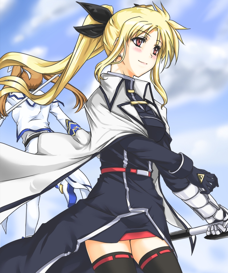 haruichi (komikal), fate testarossa, fate testarossa (impulse form), takamachi nanoha, takamachi nanoha (aggressor mode), lyrical nanoha, mahou shoujo lyrical nanoha, mahou shoujo lyrical nanoha strikers, 00s, blonde hair, blush, brown hair, cape, flying, gloves, hair ribbon, long hair, red eyes, ribbon, thighhighs, twintails, zettai ryouiki