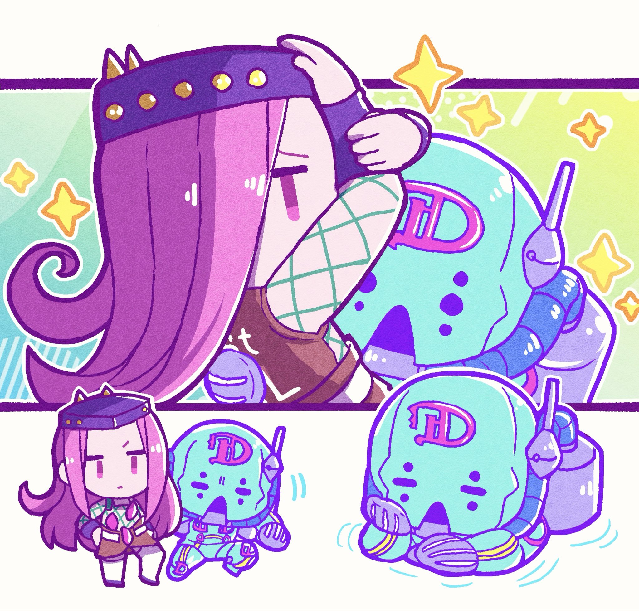 kasasagi (hinagi), diver down (stand), narciso anasui, jojo no kimyou na bouken, stone ocean, commentary, highres, symbol-only commentary, 1boy, 1other, blue skin, brown skirt, chibi, chibi only, colored skin, fishnet top, fishnets, hat, horned hat, jojo pose, long hair, male focus, narciso anasui's pose, pink eyes, pink hair, purple hat, skirt, sparkle, stand (jojo), thighhighs, white thighhighs
