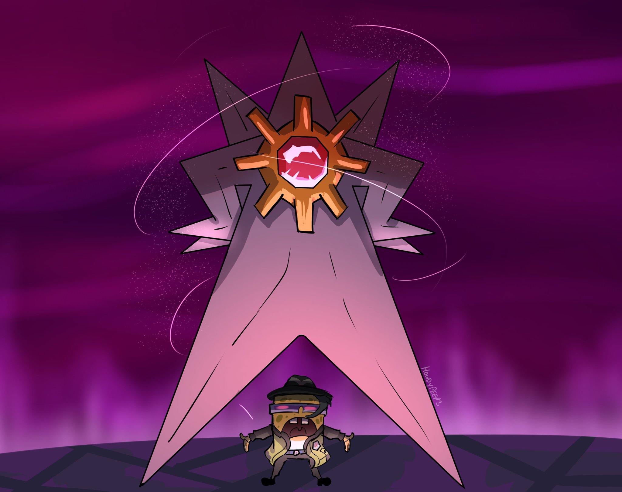 mega starmie, paxton (pokemon), spongebob squarepants, starmie, nintendo, pokemon, spongebob squarepants (series), the spongebob squarepants movie, highres, alien, artist name, black hat, black pants, buck teeth, colored skin, cosplay, crossover, gem, gen 1 pokemon, green jacket, hands on own hips, hat, jacket, long legs, mega pokemon, meme, movie reference, no eyes, no humans, o'donnis, pants, paxton (pokemon) (cosplay), pokemon (creature), pokemon focus, purple skin, red gemstone, sponge, starfish, teeth, yellow skin