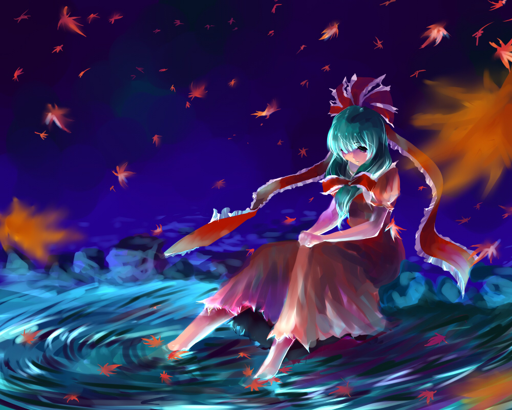 kobanzame, kagiyama hina, touhou, bad id, bad pixiv id, 1girl, barefoot, female focus, front ponytail, green hair, leaf, sitting, soaking feet, solo, water