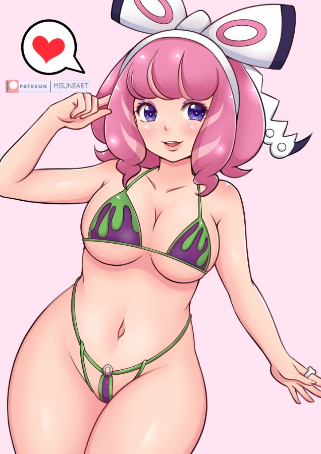 misune art, klara (pokemon), nintendo, pokemon, pokemon swsh, 1girl, bikini, blue eyes, blush, bone, bow, breasts, cleavage, collarbone, eyeshadow, hair bow, hairband, heart, holding, holding bone, index finger raised, large breasts, looking at viewer, makeup, multicolored hair, navel, open mouth, pink background, pink hair, print bikini, purple bikini, purple eyeshadow, short hair, smile, speech bubble, spoken heart, standing, streaked hair, swimsuit, teeth, underboob, white bow