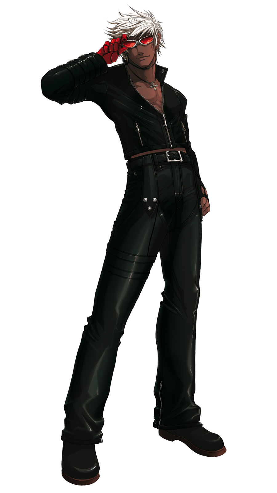 falcoon, k' (kof), snk, the king of fighters, the king of fighters 2003, highres, official art, 1boy, cross, fingerless gloves, gloves, jacket, jewelry, leather, leather jacket, male focus, necklace, short hair, solo, sunglasses, unzipped, white hair