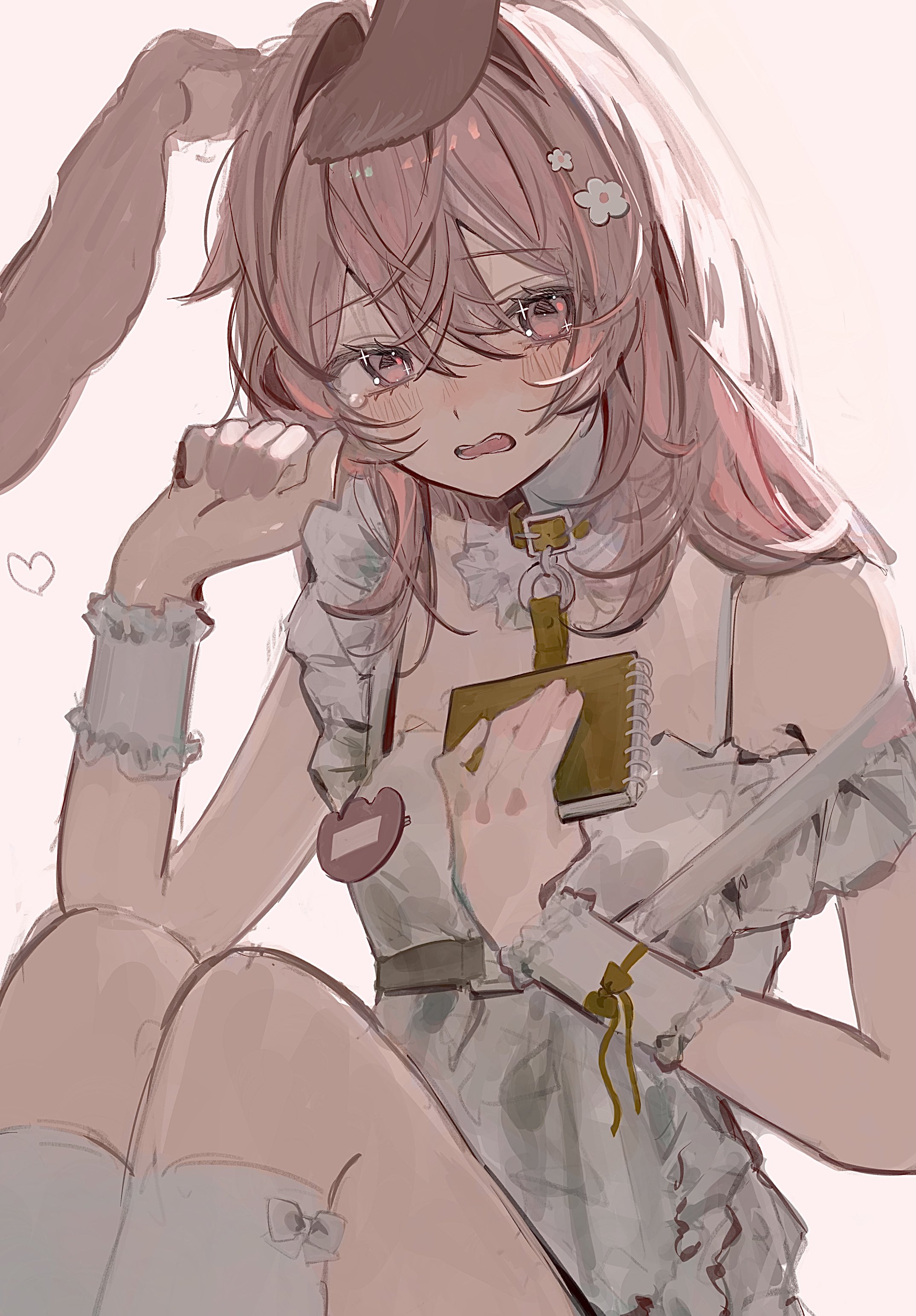 sushineko8, original, absurdres, highres, animal ears, blush, crying, crying with eyes open, dress, heart, notebook, open mouth, rabbit, tears, white background, white dress