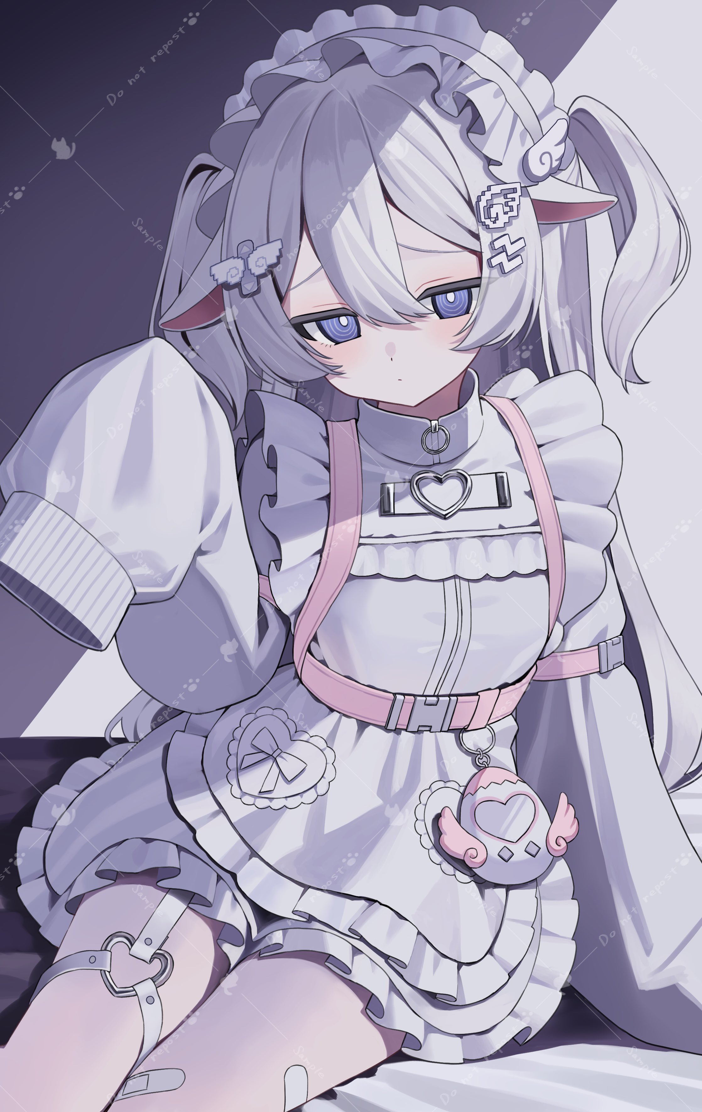 squallea, original, absurdres, commission, hashtag-only commentary, highres, skeb commission, 1girl, apron, bandaid, bandaid on leg, belt, blue eyes, blush, closed mouth, dress, frilled apron, frilled dress, frills, furrowed brow, hair between eyes, hair ornament, hairclip, hand up, heart, jacket, jersey maid, looking at viewer, maid, maid apron, maid headdress, one side up, pantyhose, pink belt, ringed eyes, sample watermark, shadow, short hair, sitting, sleeves past fingers, sleeves past wrists, solo, track jacket, turtleneck, turtleneck jacket, unconventional maid, watermark, white apron, white dress, white hair, white jacket, white pantyhose, white theme