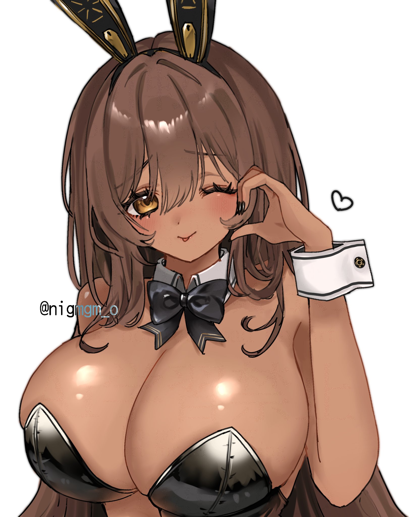 nigmgm o, noir (nikke), goddess of victory: nikke, highres, 1girl, ;), ;p, animal ear headwear, animal ears, backless leotard, black bow, black bowtie, black leotard, blush, bow, bowtie, breasts, brown hair, cleavage, dark-skinned female, dark skin, detached collar, fake animal ears, half-heart hands, large breasts, leotard, long hair, looking at viewer, one eye closed, playboy bunny, rabbit ears, smile, solo, strapless, strapless leotard, tongue, tongue out, very long hair, wrist cuffs, yellow eyes