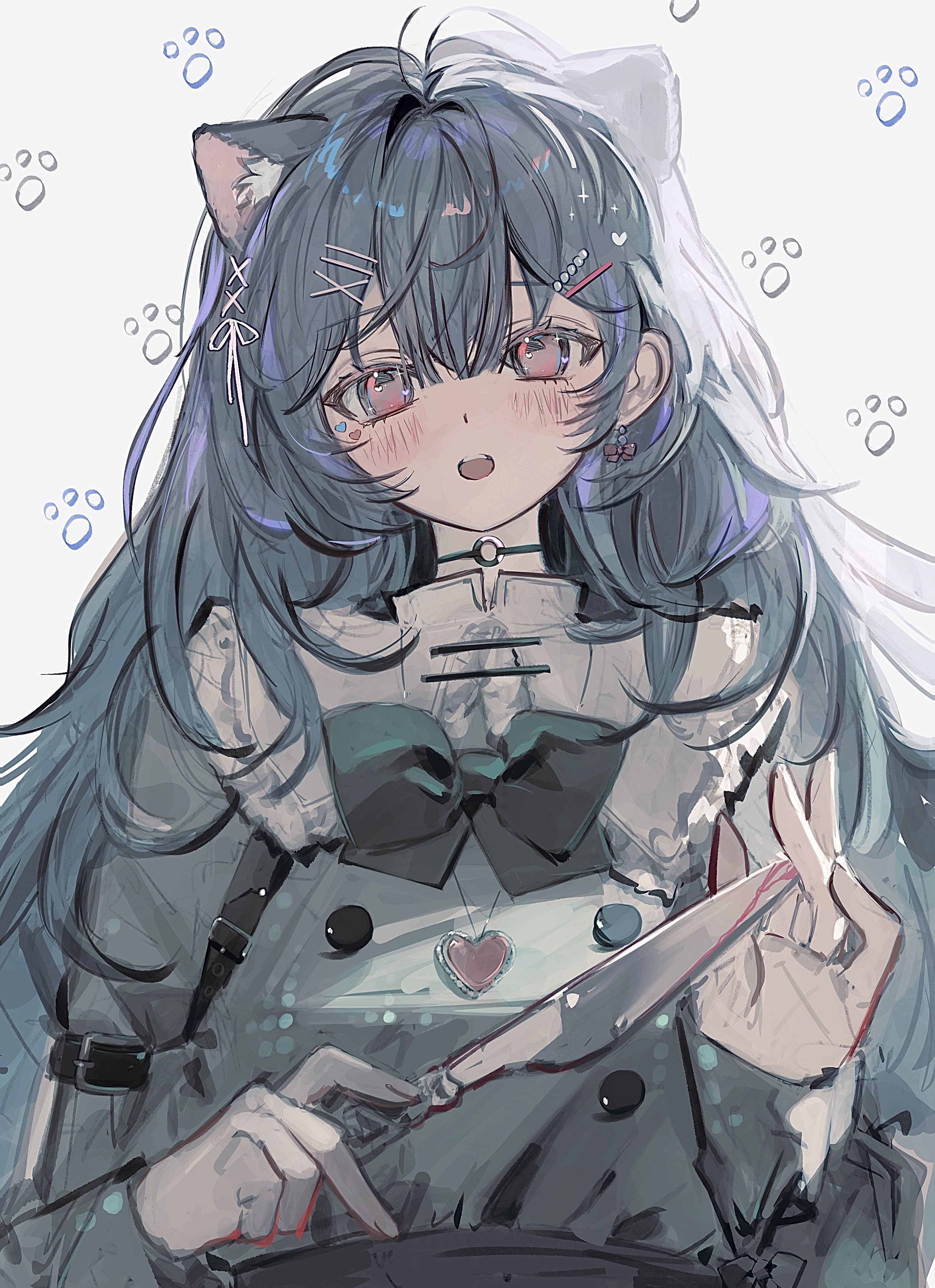 sushineko8, original, absurdres, highres, animal ears, black hair, blush, cat, cat ears, cat girl, cutlery, hair ornament, maid, open mouth, red eyes, white background, x hair ornament