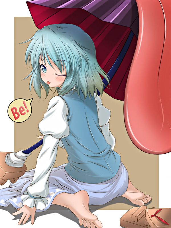 sui. (ayase), tatara kogasa, touhou, 1girl, :p, barefoot, blue eyes, blue hair, blush, feet, female focus, geta, karakasa obake, matching hair/eyes, one eye closed, sandals, solo, tongue, tongue out, umbrella, wink