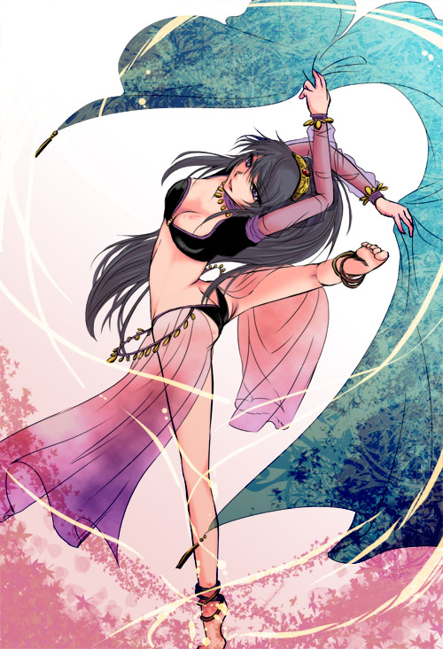 redblood, c.c., luluko, code geass, gender request, 1girl, anklet, arched back, barefoot, bikini, black bikini, black hair, breasts, butt crack, c.c. (cosplay), cleavage, cosplay, dancer, feet, female focus, genderswap, gypsy, jewelry, large breasts, legs, long hair, lots of jewelry, purple eyes, solo, swimsuit