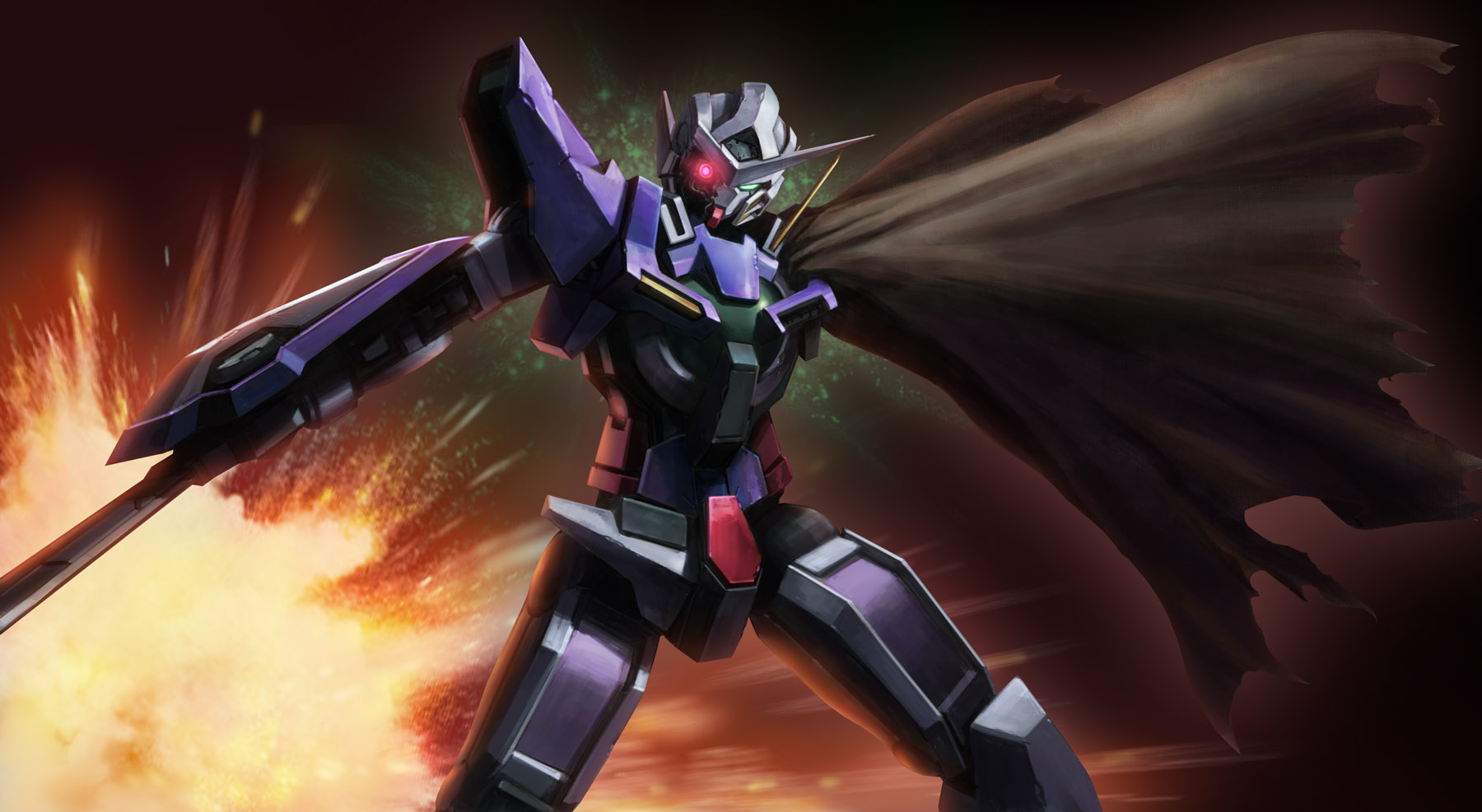 zhenlin, exia, gundam exia, gundam, gundam 00, bad id, bad pixiv id, highres, 00s, cape, fire, glowing, holding, holding sword, holding weapon, mecha, no humans, robot, sword, weapon
