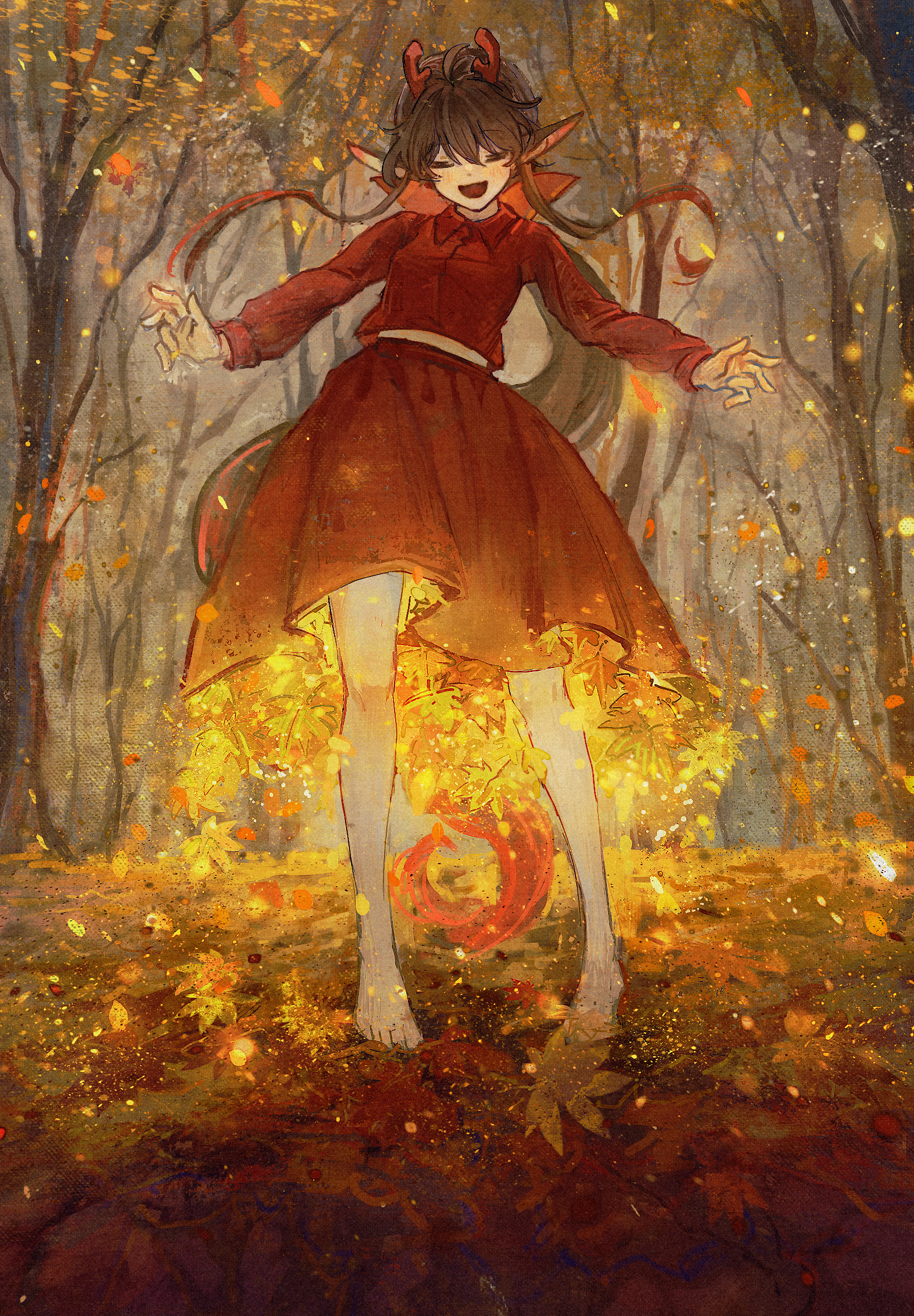 ge dazuo, original, chinese commentary, commentary request, highres, 1girl, :d, autumn leaves, barefoot, black hair, blush, closed eyes, closed mouth, collared shirt, forest, full body, horns, leaf, long sleeves, nature, open mouth, outdoors, pointy ears, red horns, red shirt, red skirt, shirt, short hair with long locks, skirt, skirt set, smile, solo