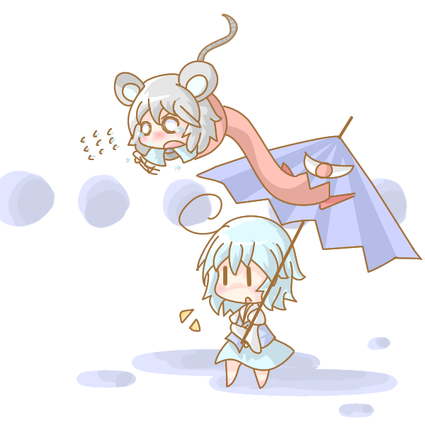 doromizu, nazrin, tatara kogasa, touhou, silver hair, bad id, bad pixiv id, 2girls, ahoge, animal ears, blue hair, chibi, female focus, geta, karakasa obake, mouse ears, mouse tail, multiple girls, oil-paper umbrella, tail, tears, tongue, umbrella, | |