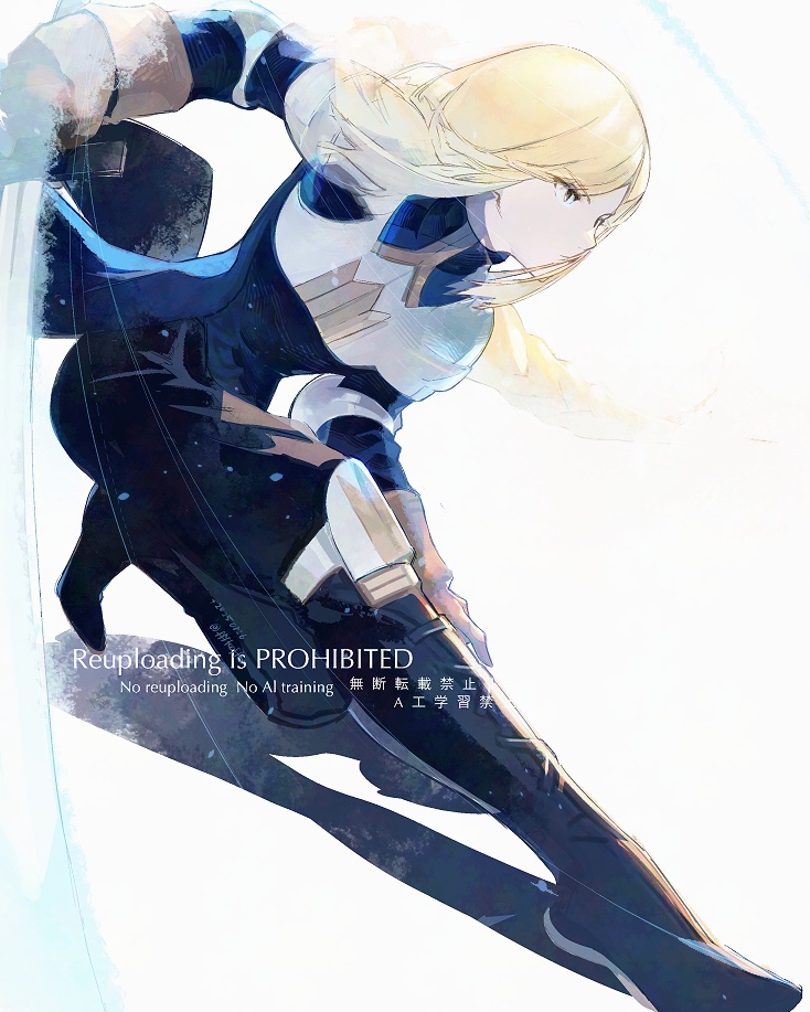 cofffee, agrias oaks, final fantasy, final fantasy tactics, 1girl, black boots, black pants, blonde hair, blue cape, boots, brown gloves, cape, closed mouth, elbow pads, english text, full body, gloves, grey eyes, holding, holding sword, holding weapon, knee boots, long hair, pants, solo, squatting, sword, weapon, white background