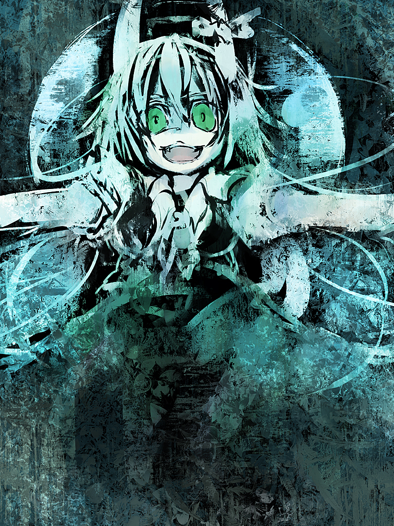 ukyo rst, ex-keine, kamishirasawa keine, touhou, 1girl, crazy eyes, female focus, green eyes, horns, moon, solo