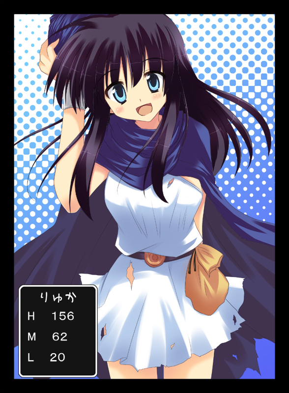 akane souichi, hero (dq5), dragon quest, dragon quest v, bad id, bad pixiv id, gender request, 1girl, black hair, border, cape, female focus, genderswap, looking at viewer, smile, solo