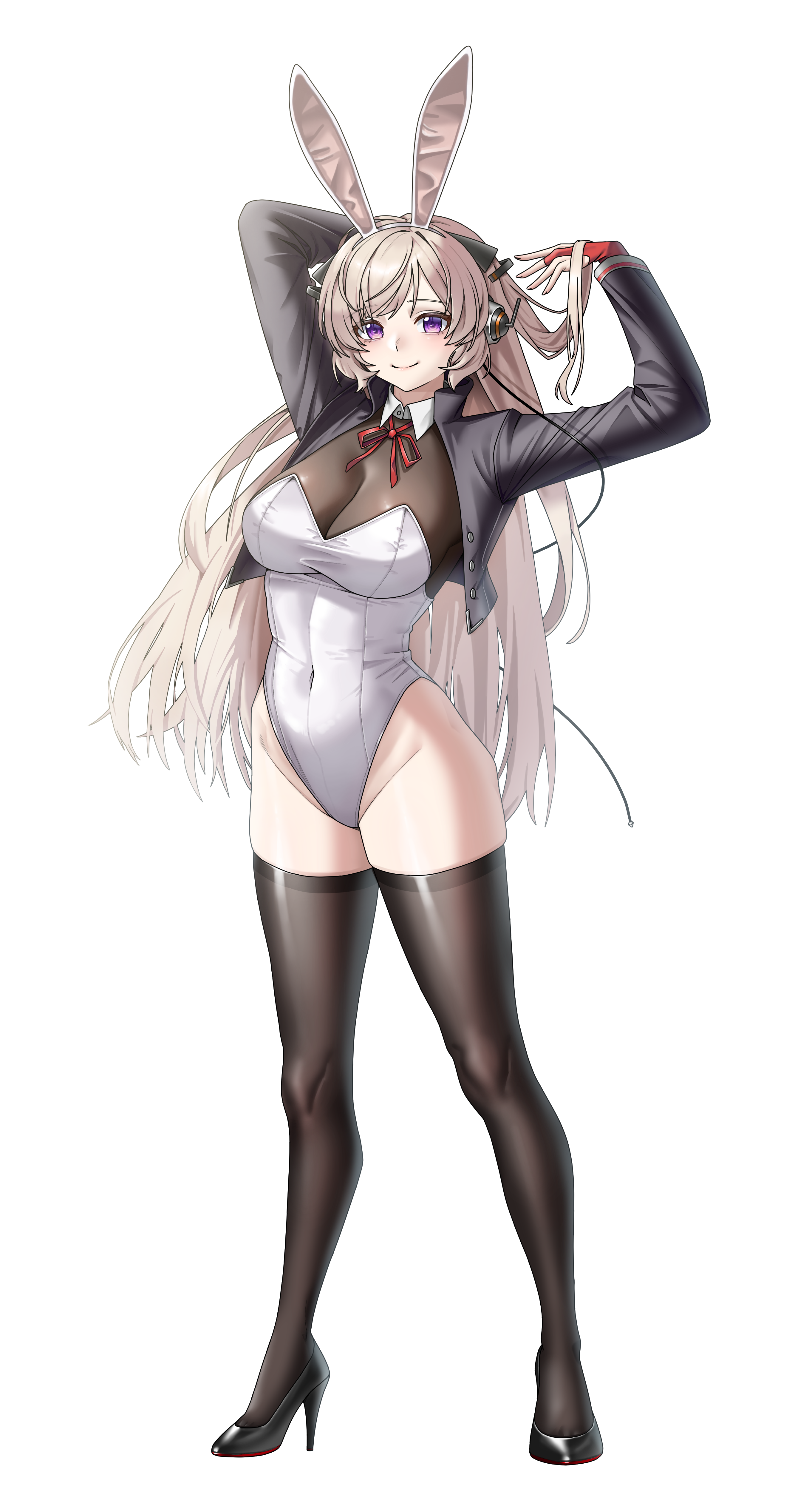 park ppaeng i, g3 (girls' frontline), girls' frontline, absurdres, commission, highres, 1girl, alternate costume, animal ear hairband, animal ears, arm behind head, arms up, black jacket, black shoes, black thighhighs, blonde hair, blush, closed mouth, covered navel, fake animal ears, full body, hairband, headpiece, high heels, highleg, highleg leotard, jacket, leotard, looking at viewer, open clothes, open jacket, purple eyes, rabbit ear hairband, rabbit ears, shoes, simple background, smile, solo, standing, thighhighs, white background, white leotard