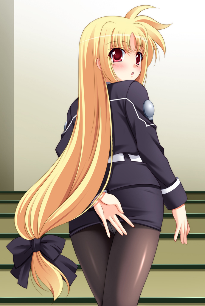 narutaki shin, fate testarossa, lyrical nanoha, mahou shoujo lyrical nanoha, mahou shoujo lyrical nanoha strikers, 00s, 1girl, blonde hair, blush, bow, crotch seam, female focus, hair bow, long hair, looking back, low-tied long hair, military, military uniform, panties, panties under pantyhose, pantyhose, pantyshot, pencil skirt, red eyes, skirt, solo, underwear, upskirt, very long hair