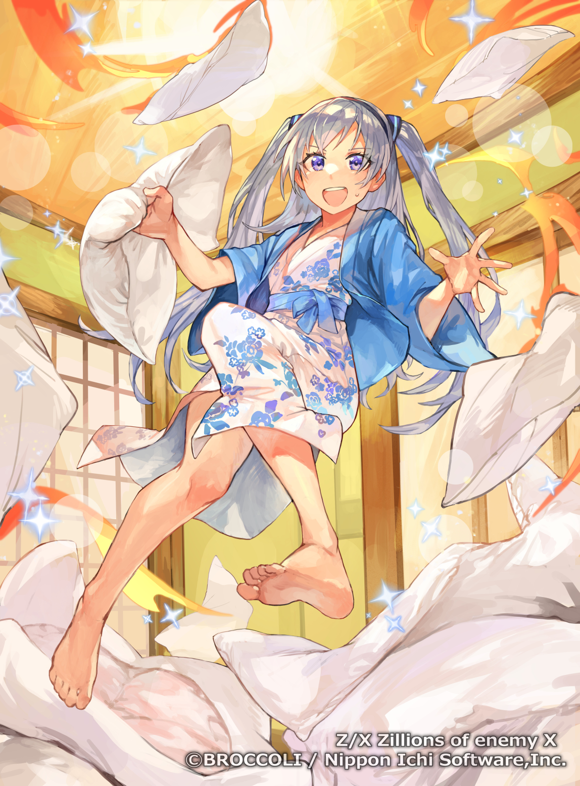 tapioka chaso, z/x, highres, official art, 1girl, bath yukata, black hairband, blue haori, copyright notice, floral print, futon, grey hair, hairband, haori, holding, holding pillow, indoors, japanese clothes, kimono, long hair, nu (z/x), open mouth, pillow, pillow fight, purple eyes, shouji, sliding doors, solo, sparkle, sweatdrop, teeth, two side up, upper teeth only, yukata