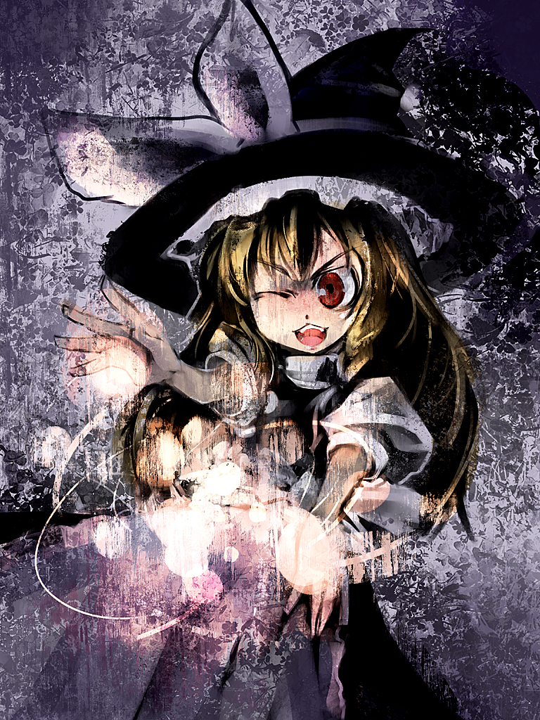 ukyo rst, kirisame marisa, touhou, 1girl, blonde hair, female focus, hat, magic, red eyes, solo, spell, witch, witch hat
