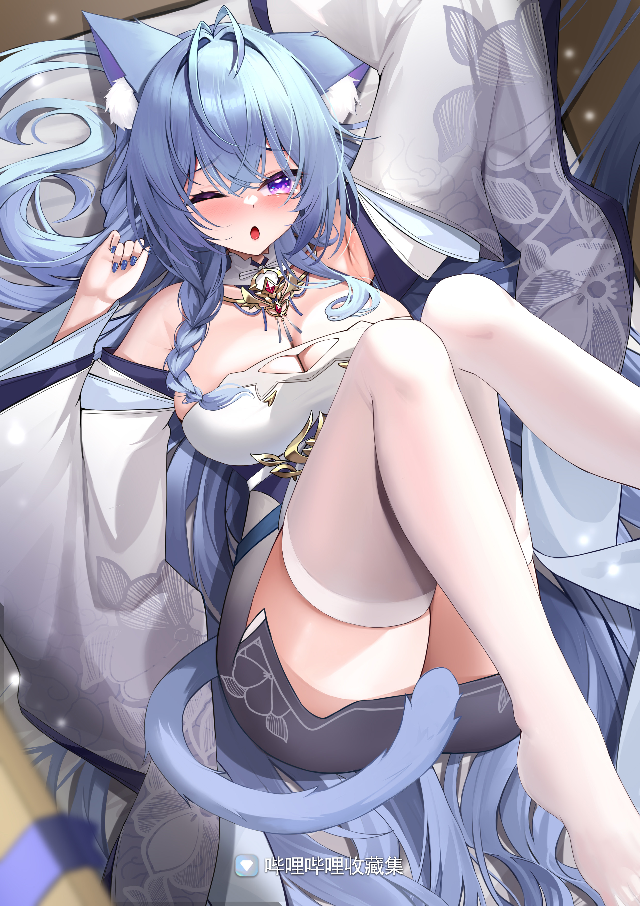 pomegranate nana, indie virtual youtuber, absurdres, character request, chinese commentary, commentary request, highres, 1girl, animal ear fluff, animal ears, antenna hair, arm above head, blue nails, blush, breasts, cat ears, cat girl, cat tail, china dress, chinese clothes, cleavage, crossed bangs, detached sleeves, dress, furrowed brow, hair between eyes, hair intakes, hair spread out, knees up, large breasts, light particles, long hair, long sleeves, looking ahead, lying, nail polish, on back, one eye closed, open mouth, print sleeves, purple eyes, solo, tail, thighhighs, thighs, very long hair, virtual youtuber, white thighhighs, wide sleeves