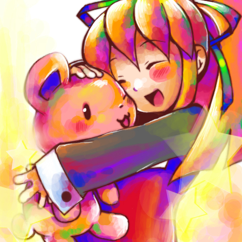 roll (mega man), capcom, mega man (classic), mega man (series), lowres, blonde hair, hair ribbon, ribbon, solo, stuffed animal, stuffed toy, teddy bear