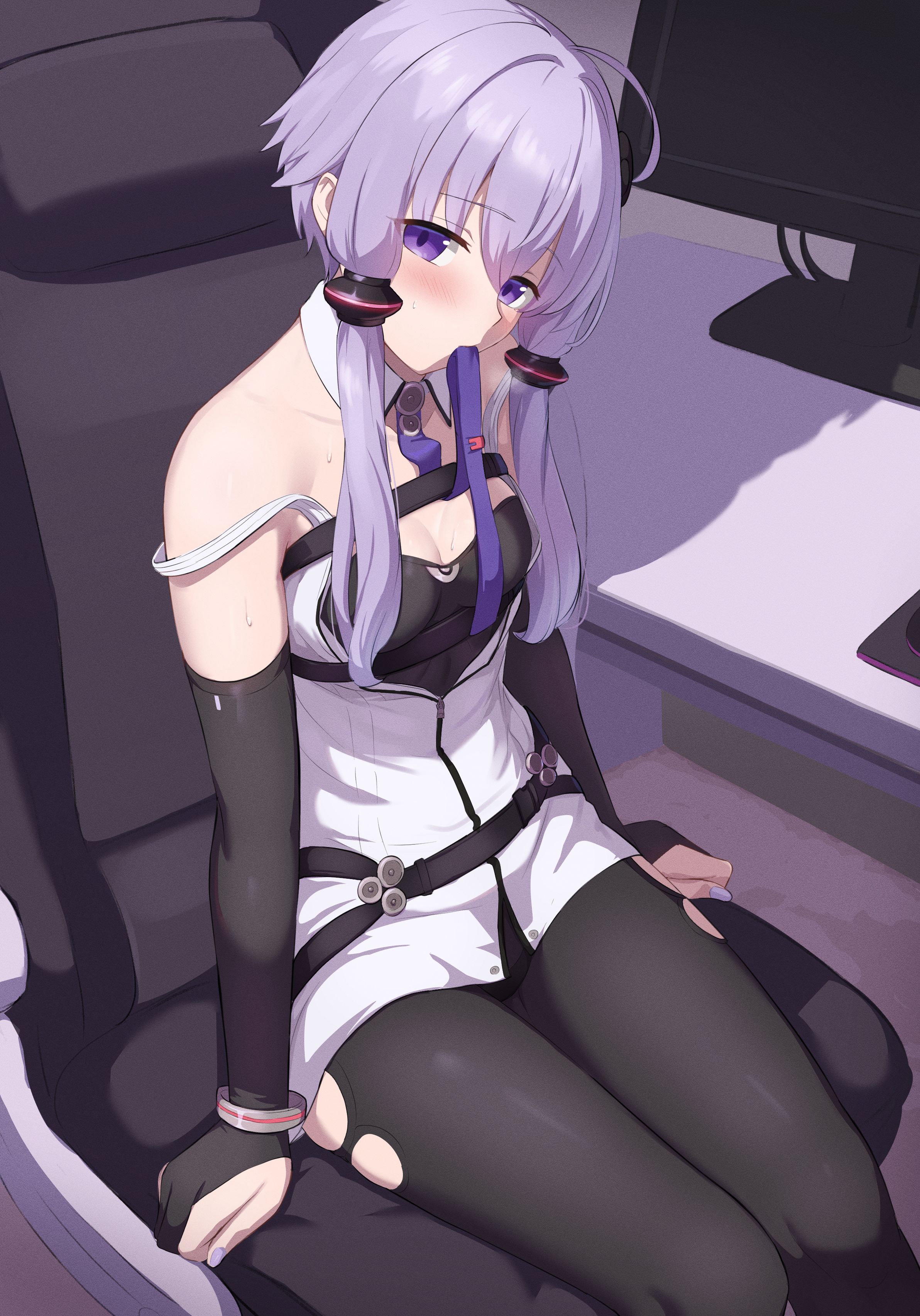ruttse, yuzuki yukari, yuzuki yukari (vocaloid6), vocaloid, voiceroid, absurdres, commentary request, highres, 1girl, black pantyhose, blush, breasts, detached sleeves, looking at viewer, mouth hold, pantyhose, purple eyes, purple hair, short hair with long locks, sitting, small breasts, solo, strap slip