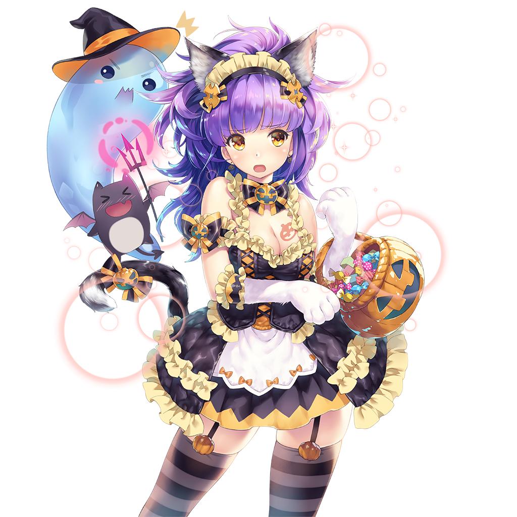 uchi no hime-sama ga ichiban kawaii, 1girl, animal ears, animal hands, arm ribbon, arne q klose, black dress, black thighhighs, blunt bangs, bow, bowtie, cat ears, cat paws, cat tail, demon, double bun, dress, fake animal ears, fake tail, frilled dress, frills, grey thighhighs, hair bun, halloween bucket, hat, headdress, long hair, multiple tails, off-shoulder dress, off shoulder, purple hair, ribbon, slime (creature), striped clothes, striped thighhighs, tail, thighhighs, witch hat, yellow eyes