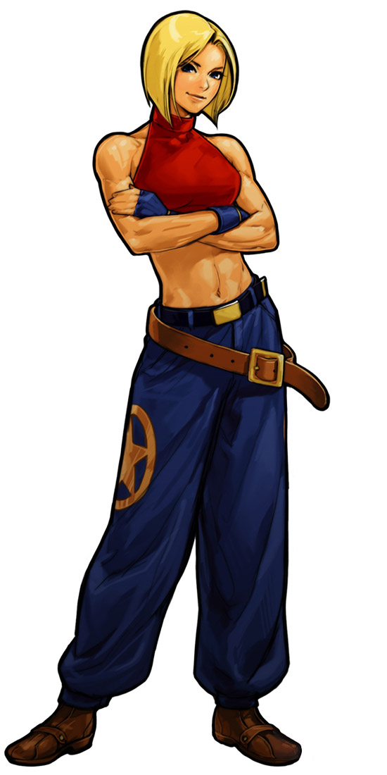 hiroaki (kof), blue mary, fatal fury, snk, the king of fighters, the king of fighters xi, official art, 1girl, belt, belt skirt, blonde hair, crossed arms, female focus, fingerless gloves, gloves, halterneck, midriff, short hair, simple background, smile, solo, star (symbol), white background