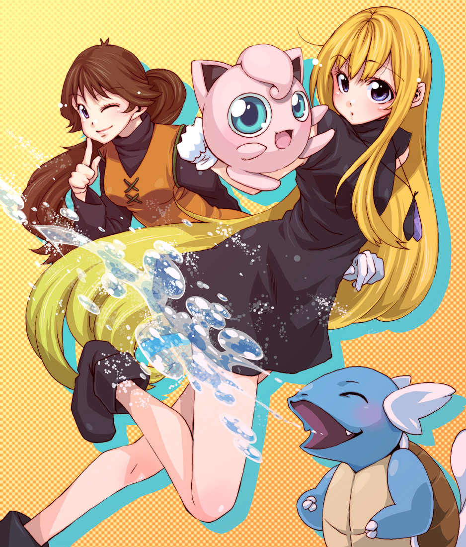 takanashi ringo, green (pokemon), jigglypuff, wartortle, yellow (pokemon), nintendo, pokemon, pokemon adventures, 2girls, alternate hair length, alternate hairstyle, black dress, blonde hair, blue (pokemon) (cosplay), brown hair, bubble, cosplay, costume switch, dress, gen 1 pokemon, gloves, long hair, multiple girls, very long hair, water, white gloves, yellow (pokemon) (cosplay)