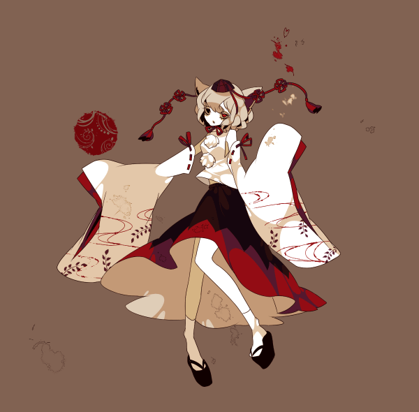 shikimi (yurakuru), inubashiri momiji, touhou, bad id, bad pixiv id, 1girl, animal ears, brown background, detached sleeves, dog ears, egasumi, female focus, grey hair, japanese clothes, kimono, lace-trimmed sleeves, lace trim, leaf, long skirt, okobo, platform clogs, platform sandals, pom pom (clothes), robe, sandals, simple background, skirt, socks, solo, wolf ears