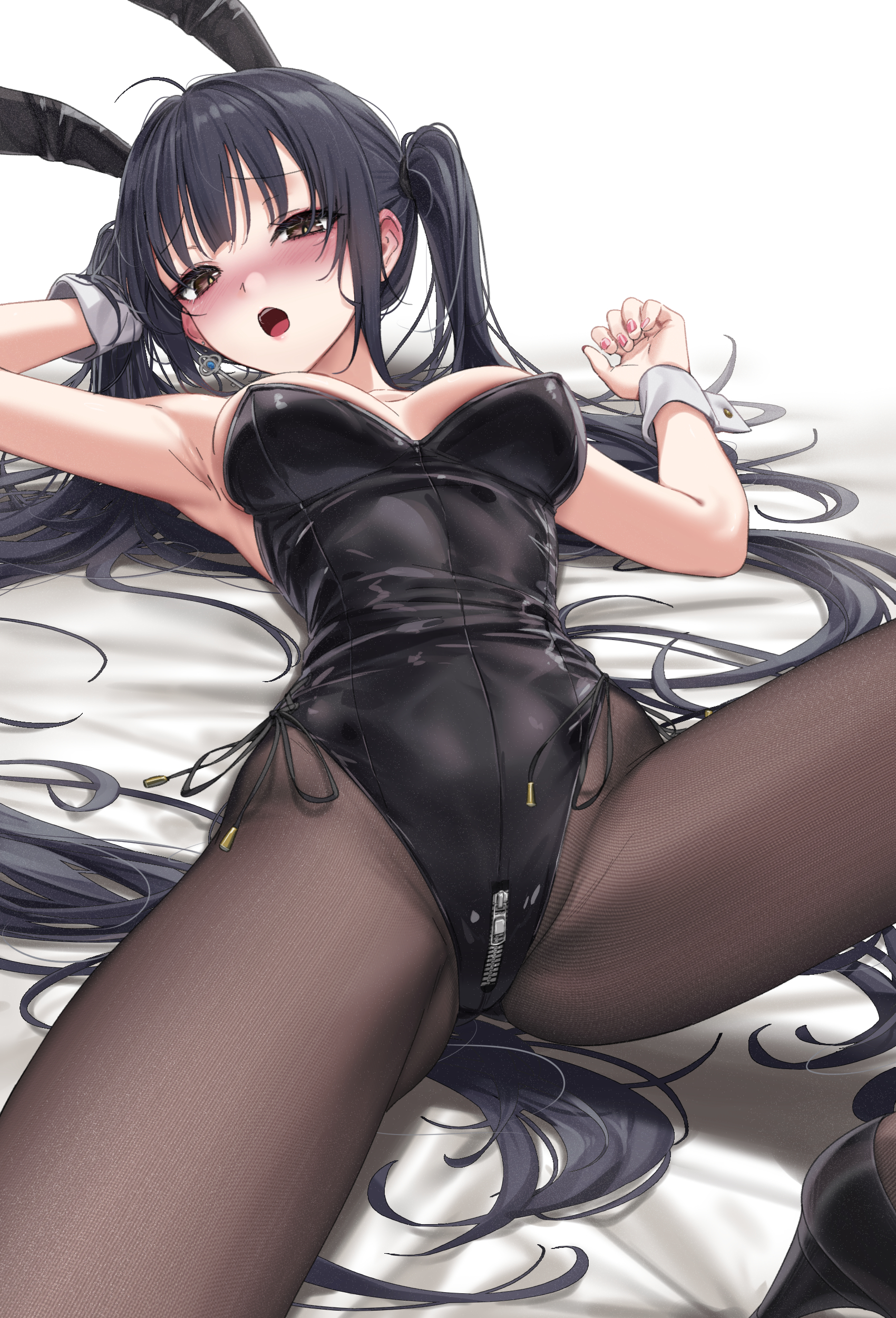 wet.elephant, original, absurdres, highres, 1girl, ahoge, animal ears, arm up, armpits, bare shoulders, black hair, black leotard, black shoes, blush, breasts, brown eyes, brown pantyhose, crotch zipper, earrings, fake animal ears, fine fabric emphasis, gluteal fold, hair spread out, hand up, high heels, highleg, highleg leotard, jewelry, leotard, long hair, looking at viewer, lying, medium breasts, nose blush, on back, open mouth, pantyhose, playboy bunny, rabbit ears, shoes, side-tie leotard, sidelocks, simple background, single earring, solo, spread legs, strapless, strapless leotard, twintails, very long hair, white background, wrist cuffs