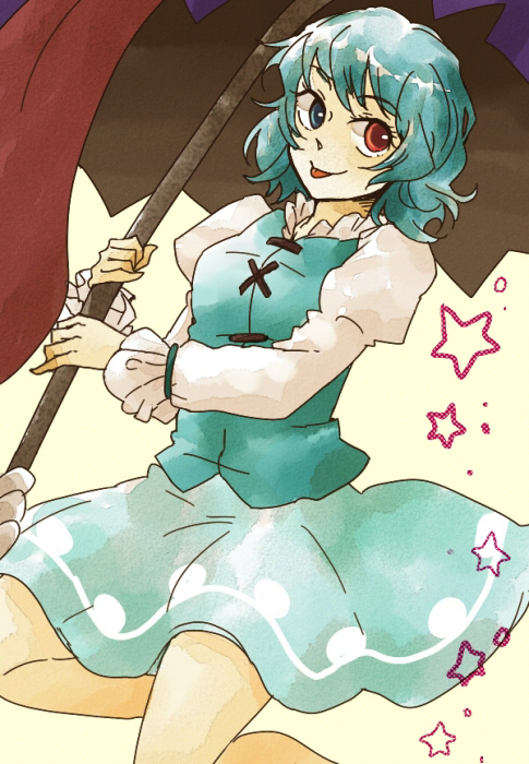 hiura mecceha nemui, tatara kogasa, touhou, bad id, bad pixiv id, 1girl, :p, blue eyes, blue hair, female focus, heterochromia, karakasa obake, red eyes, solo, tongue, tongue out, umbrella