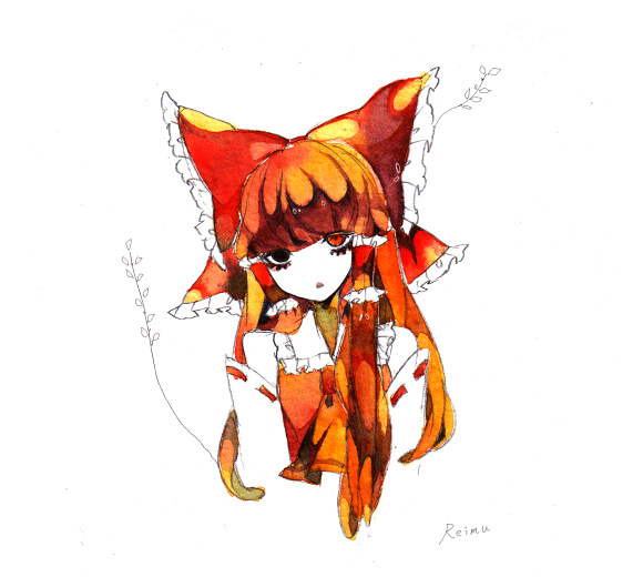 shikimi (yurakuru), hakurei reimu, touhou, bad id, bad pixiv id, 1girl, :o, ascot, bare shoulders, blush, collar, detached sleeves, female focus, head tilt, heterochromia, japanese clothes, looking at viewer, miko, parted lips, ribbon-trimmed sleeves, ribbon trim, simple background, solo, upper body, vest, white background