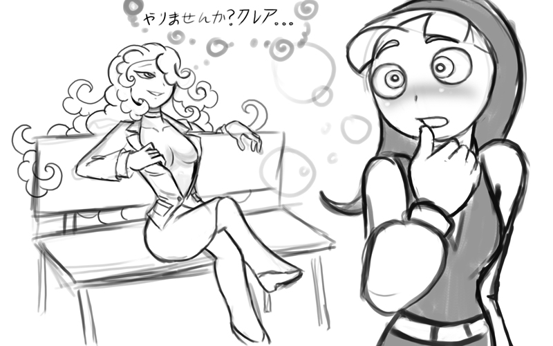 yamino, gabrielle (sister claire), sister claire (yamino), 2girls, bench, breasts, curly hair, embarrassed, greyscale, hair over one eye, medium breasts, monochrome, multiple girls, nun, open clothes, open shirt, parody, shirt, yaranaika, yuri