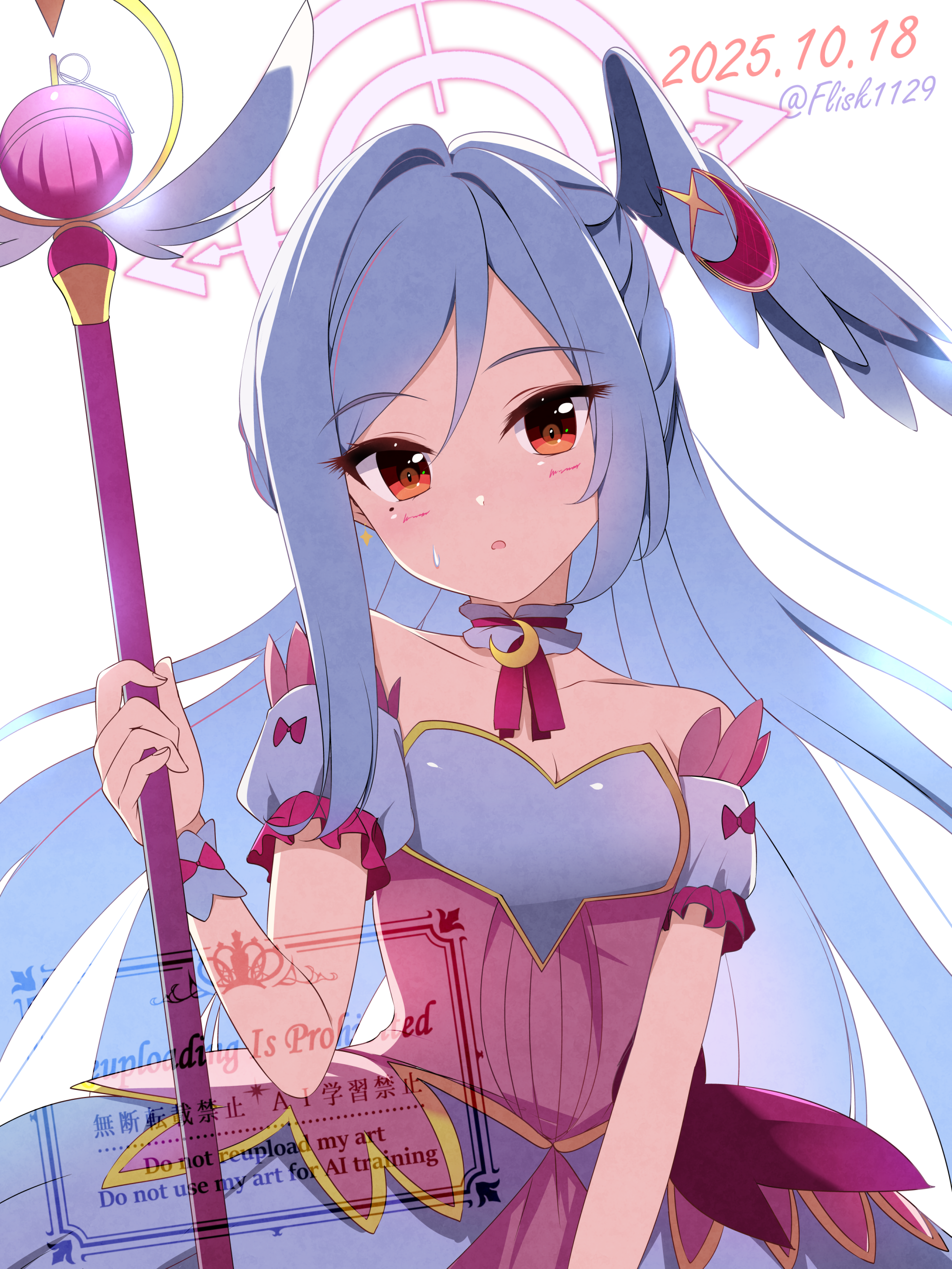 furisuku (gerbera), suzumi (blue archive), suzumi (magical) (blue archive), blue archive, absurdres, commentary request, highres, 1girl, bare shoulders, breasts, cleavage, collarbone, detached collar, detached sleeves, dress, hair intakes, halo, head wings, holding, holding wand, light blush, long hair, looking at viewer, magical girl, official alternate costume, pink dress, pink halo, red eyes, shade, simple background, single head wing, solo, underbust, upper body, very long hair, wand, white background, white hair, wings