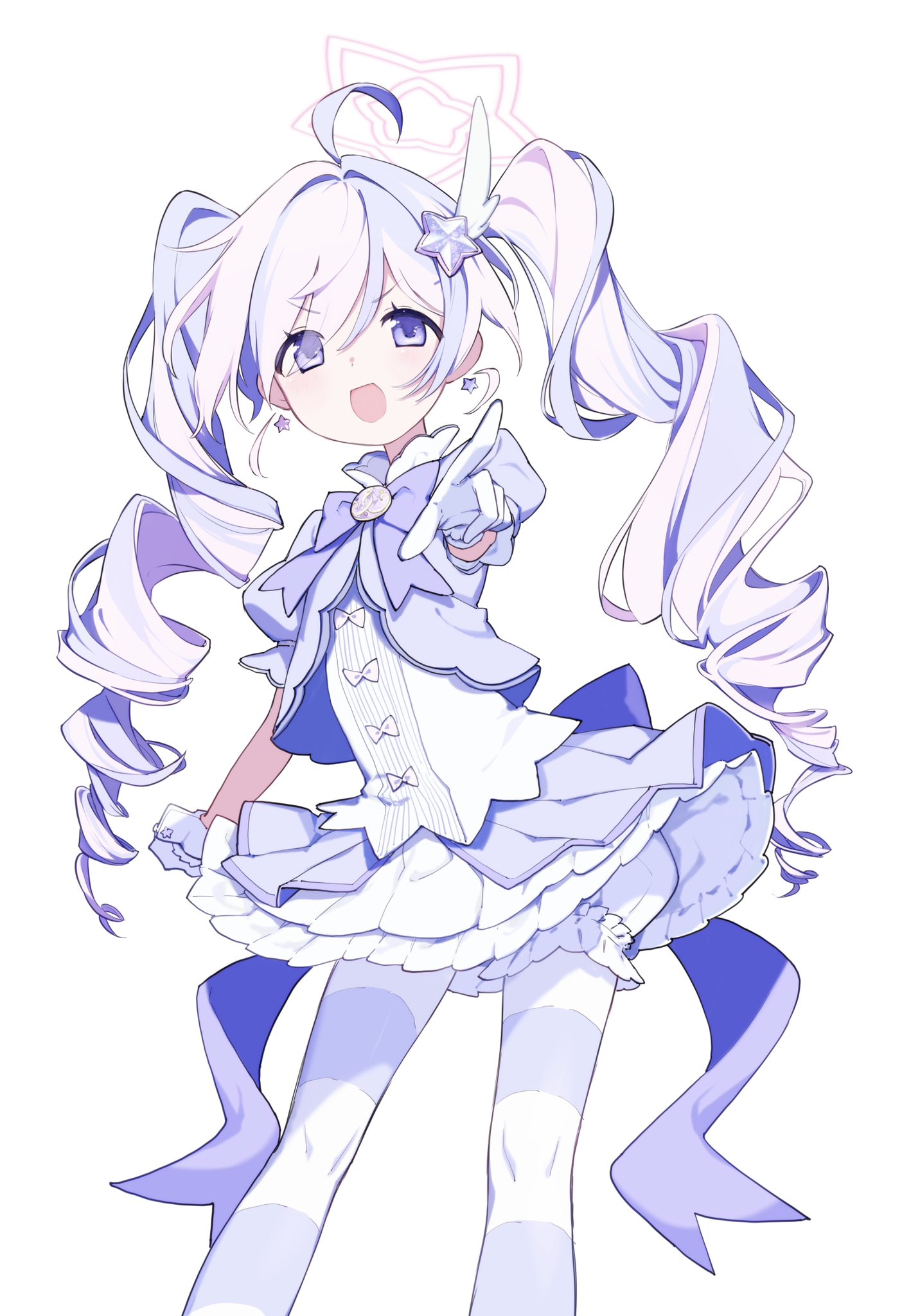 kisaka, reisa (blue archive), reisa (magical) (blue archive), blue archive, highres, 1girl, :d, ahoge, blouse, bow, dress, drill hair, feet out of frame, frilled skirt, frills, gloves, hair ornament, halo, looking at viewer, multicolored hair, open mouth, pantyhose, pink hair, pointing, pointing at viewer, purple bow, purple eyes, purple hair, shirt, simple background, skirt, smile, solo, star (symbol), star hair ornament, star halo, star ornament, striped clothes, striped pantyhose, twintails, two-tone hair, white background, white gloves, wing hair ornament