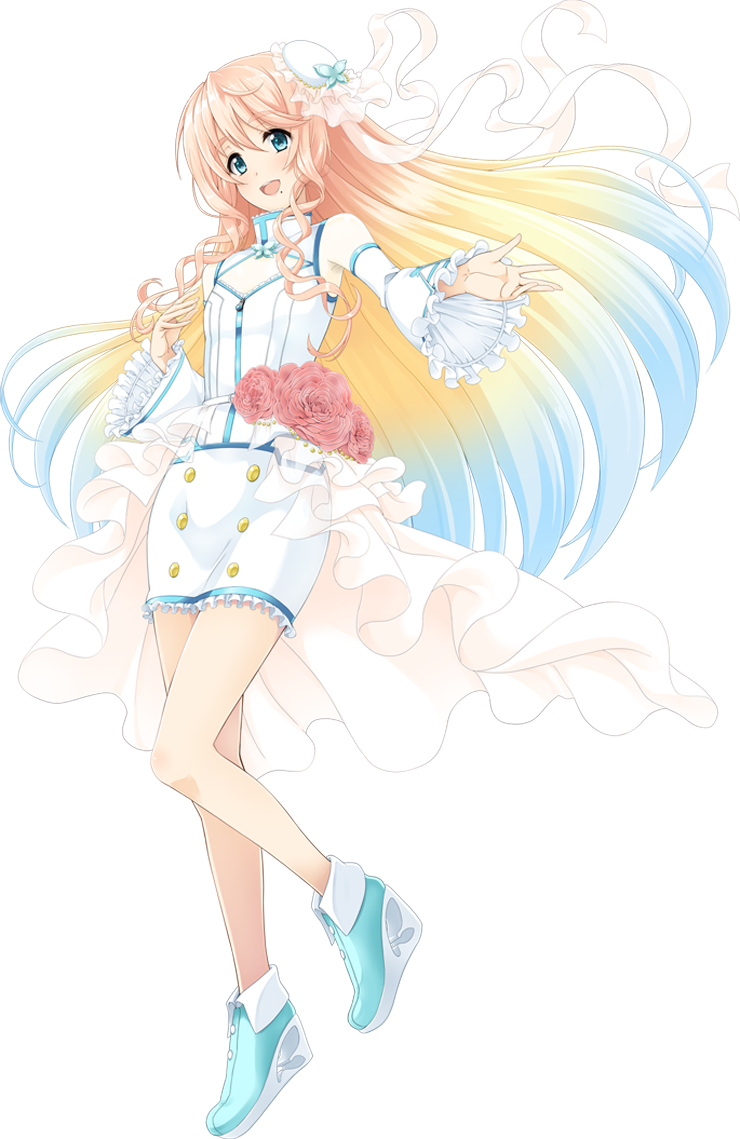 umetani atarou, haruno sora, vocaloid, voiceroid, official art, second-party source, 1girl, aqua eyes, aqua shoes, blonde hair, blue hair, breast cutout, butterfly brooch, butterfly hat ornament, buttons, corsage, detached sleeves, double-breasted, double helix, dress, dress under shirt, flower, frilled sleeves, frills, full body, gradient hair, hat, hat ornament, jewelry, long hair, mini hat, mole, mole under mouth, multicolored hair, official alternate costume, open mouth, orange hair, outstretched hand, overskirt, pencil dress, pink flower, pink rose, ribbon, rose, see-through clothes, see-through frills, see-through overskirt, see-through ribbon, shirt, shoes, sidelocks, simple background, sleeveless, sleeveless dress, smile, solo, standing, standing on one leg, teeth, thick eyebrows, undershirt, upper teeth only, very long hair, white background, white dress, white hat, white overskirt, white ribbon, white shirt, white sleeves