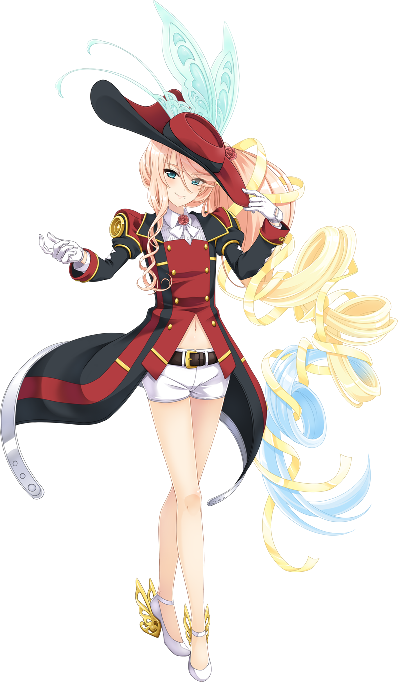 umetani atarou, haruno sora, vocaloid, voiceroid, highres, official art, second-party source, 1girl, aqua eyes, asymmetrical sidelocks, belt, big hair, black coat, black hat, blonde hair, blue hair, brooch, butterfly hat ornament, buttons, cavalier hat, closed mouth, coat, collared shirt, double-breasted, double helix, eyes visible through hair, flower, flower brooch, flower hairtie, full body, gloves, gradient hair, hair ribbon, hat, hat ornament, high heels, jewelry, juliet sleeves, long hair, long sleeves, midriff, mole, mole under mouth, multicolored coat, multicolored hair, multicolored hat, navel, official alternate costume, orange hair, puffy sleeves, red coat, red flower, red hat, red rose, ribbon, ringlets, rose, shirt, shoes, short shorts, shorts, side ponytail, sidelocks, simple background, sleeve cuffs, smile, solo, strappy heels, swept bangs, tailcoat, thick eyebrows, two-tone coat, two-tone hat, very long hair, white background, white gloves, white shirt, white shoes, white shorts, yellow ribbon