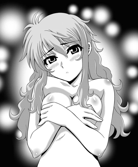 hasil, feldt grace, gundam, gundam 00, breast hold, 00s, 1girl, blush, breasts, female focus, greyscale, long hair, monochrome, nipples, solo