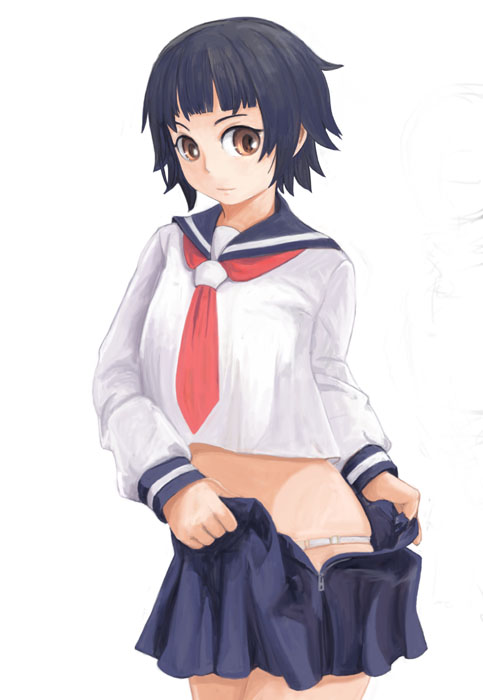 ikara, tsunetsuki matoi, sayonara zetsubou sensei, 00s, 1girl, black hair, blunt bangs, female focus, school uniform, serafuku, short hair, solo, undressing