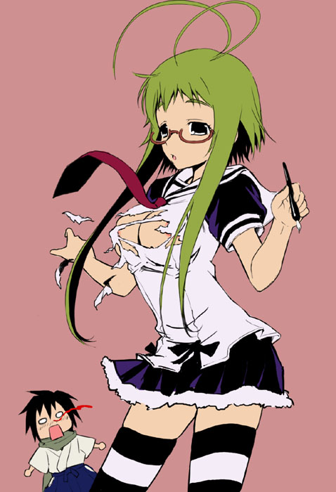 yukino koreyuki, ikaruga chihaya, karasuma yoichi, asu no yoichi, 00s, 1boy, 1girl, antenna hair, breasts, glasses, green hair, large breasts, necktie, pen, short hair with long locks, skirt, striped clothes, striped thighhighs, thighhighs