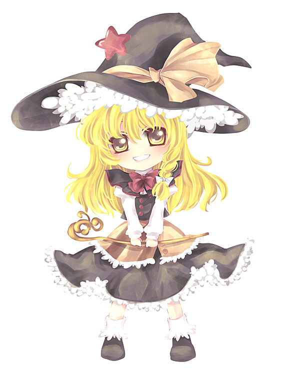 mikazuki sara, kirisame marisa, touhou, bad id, bad pixiv id, 1girl, blonde hair, braid, chibi, female focus, hat, long hair, ribbon, short hair, side braid, smile, solo, wand, witch, witch hat, yellow eyes