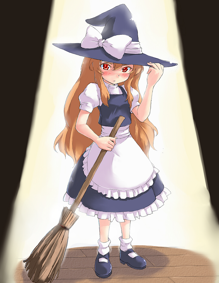 padawan (pixiv42380), aisaka taiga, kirisame marisa, toradora!, touhou, light, apron, blue shoes, broom, brown eyes, brown hair, cosplay, crossover, dress, flat chest, hat, hat ribbon, kirisame marisa (cosplay), long hair, ribbon, shirt, shoes, socks, solo, white socks, witch, witch hat, wooden floor