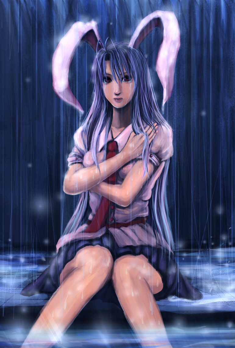 bccp, reisen udongein inaba, touhou, bad id, bad pixiv id, 1girl, animal ears, blue hair, crossed arms, female focus, long hair, outdoors, rabbit ears, rain, skirt, solo, tears, wet, wet clothes